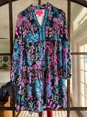 Lilly Pulitzer Black Mini Dress with Pink & Turquoise Floral Print